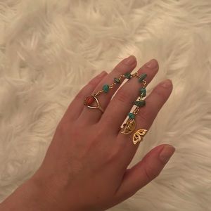 Gold Double Finger Butterfly Ring w Chain